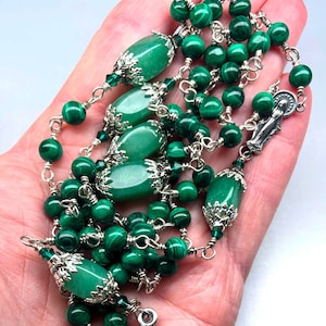 STERLING SILVER Catholic Rosary,Malachite Aves,Adventurine Paters,Argentium Silver Wire Wrapped,Heirloom Quality,Prayer Beads,Mother Mary