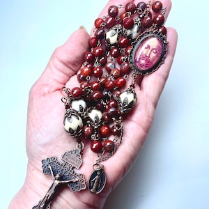 Holy Face of Jesus Catholic Copper Rosary,Miraculous Mary Medal,8mm Faceted Poppy Jasper,12mm Cream Riverstone,Crystal Bicones,Prayer Beads