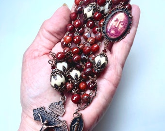 Holy Face of Jesus Catholic Copper Rosary,Miraculous Mary Medal,8mm Faceted Poppy Jasper,12mm Cream Riverstone,Crystal Bicones,Prayer Beads