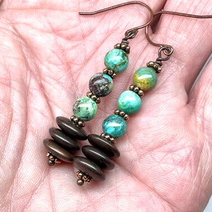 Genuine Turquoise & Copper Beads, Drop Dangle Earrings, BoHo, Rustic, Chic, Great Gifts, Copper French Hooks, Christmas Gifts, Jewelry