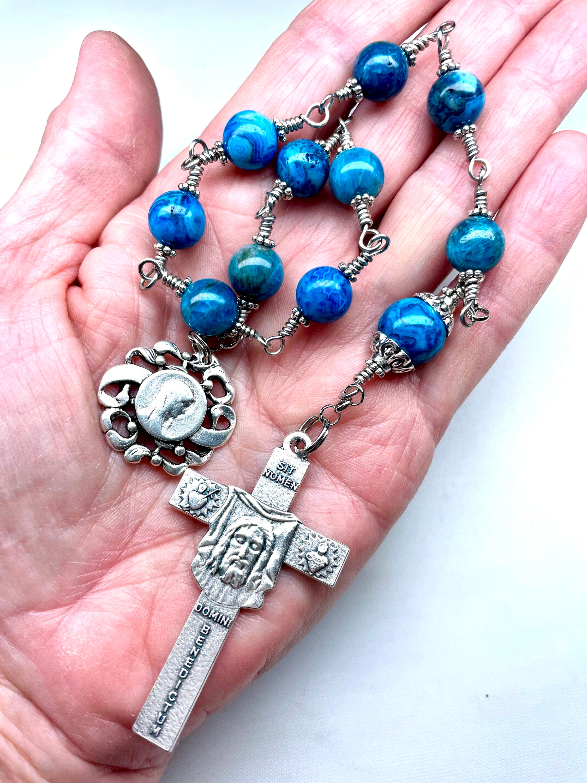 アクセサリー TEN'S Catholic Tenner Rosary, Blue Crazy Lace Agate, Face of Jesus
