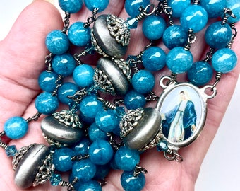 Catholic Teal Blue Rosary,Mother Mary Image Center,Papal Crucifix,Silver/Gray Pater Beads,Wire Wrapped Gunmetal Wire,Swarovskis,Heirloom