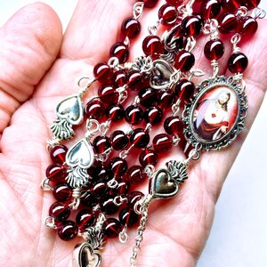 Catholic Sacred Heart of Jesus Rosary,6mm Garnet Color Ave Beads,Silver Crucifix,Heart Pater Beads,Miraculous Medal Dangle,Prayer Beads