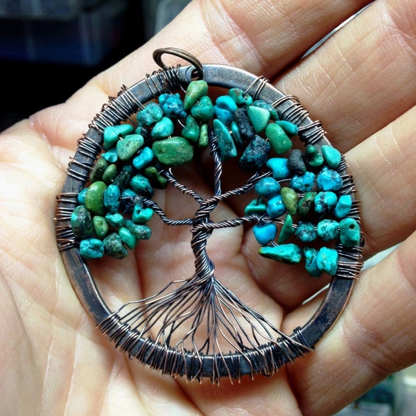 Tree of Life, Oxidized Copper, Genuine Turquoise, Nature, Zen, Woodland, Statement Necklace, Tree Pendant, Earthy, Choice of Chain  Length