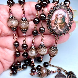 Copper & Garnet 6mm Rosary,Sunstone Paters,Catholic,Heart Dangle,Image Sorrowful Mother,Swarovski Crystals,Prayer Beads,Heirloom Quality