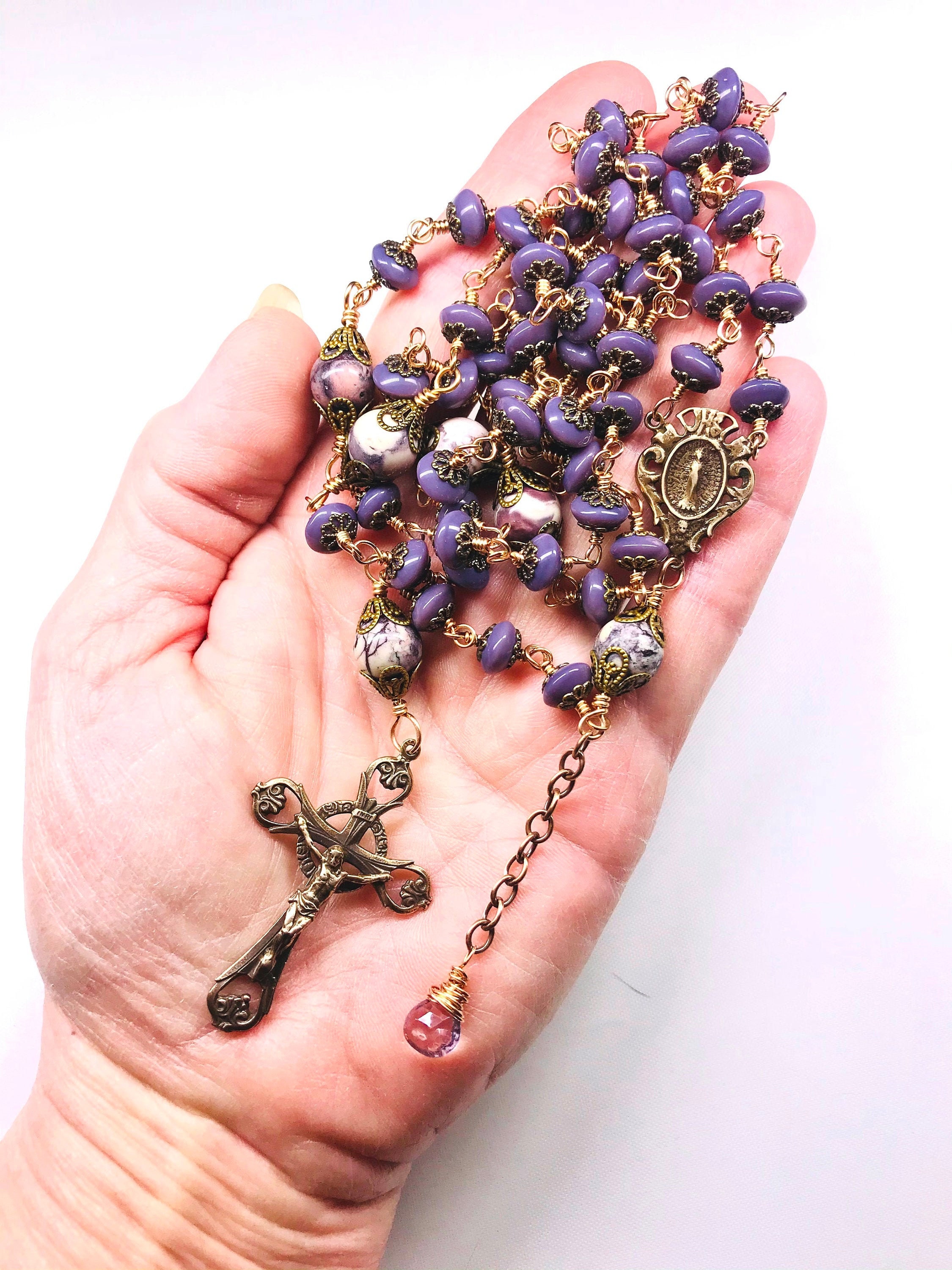 Plum Violet Jade Matte Gemstone Wire Wrapped Catholic Heirloom Tenner newest Rosary