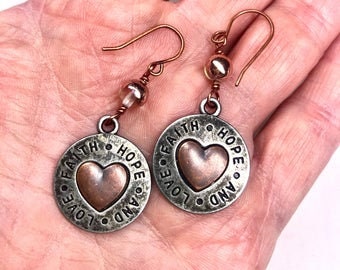 Faith Hope & Love Heart Dangle Earrings,Antique Silver,Copper,French Hooks,Apolo Czech Beads,Boho Hippie Style,Fun Sweet Earrings,Chic