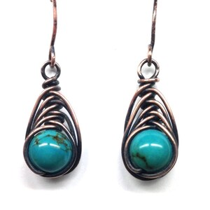 Genuine Deep Color Turquoise Earrings Rustic Wire Wrapped Herringbone Style In Your Choice of Wire December Birthstone