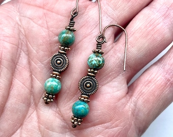 Handmade Turquoise Copper Drop Earrings, Boho Rustic Jewelry