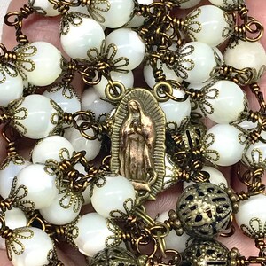 Large Catholic 5 Decade Rosary, 10mm Faceted Moonstone, Vintage Bronze 3 Inch Trinity Crucifix, Our Lady of Guadalupe Center, Prayer Beads
