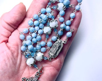 Rosary,Faceted,Mystic Aquamarine Beads,Our Lady of Quadalupe Center, Papal Style Crucifix,Catholic Gifts,Prayer Beads,Christmas Gifts,