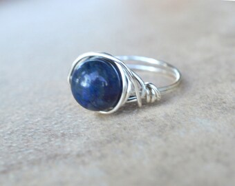 10mm Lapis Lazuli Gemstone Silver Plate Wire Wrapped Ring