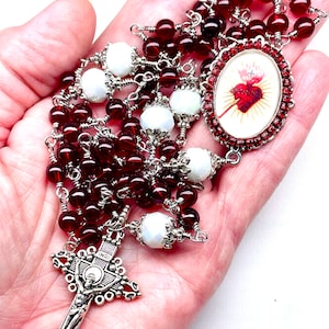 Catholic Sacred Heart Wire Wrapped Rosary, Heirloom Quality, Red & Silver, Prayer Beads, Valentines Day Gift