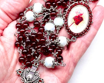 Catholic Sacred Heart Wire Wrapped Rosary, Heirloom Quality, Red & Silver, Prayer Beads, Valentines Day Gift