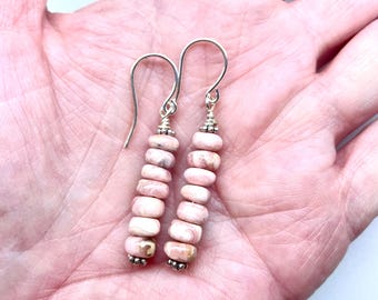 Rhodochrosite Gemstone Dangle Earrings, Sterling Silver French Hooks