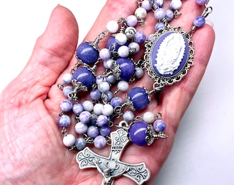 Catholic Rosary,Silver Oxidized Crucifix,Cameo Center,Lilac Aves,Lavender Paters,Sterling Silver Wire,Prayer Beads,Purple Rosary,