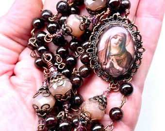 Copper & Garnet Rosary,Sunstone Paters,Catholic,Heart Dangle,Image Sorrowful Mother,Swarovski Crystals,Prayer Beads,Heirloom Quality