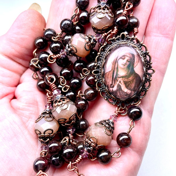 Copper & Garnet Rosary,Sunstone Paters,Catholic,Heart Dangle,Image Sorrowful Mother,Swarovski Crystals,Prayer Beads,Heirloom Quality