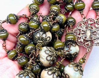 LARGE TRUE BRONZE Catholic Wire Wrapped Rosary,African Opal Paters,Soocho Jade Aves,Crystals,Heirloom Quality,Prayer Beads,St Michael Medal