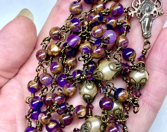 True Bronze Wire Wrapped Catholic Rosary,Purple & Bronze Quartz Beads,Pearl Pater Beads,Lady of Grace Center,Prayer Beads,Heirloom Quality,