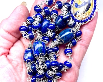 Catholic Rosary,Lapis Lazuli Rondelles & Ovals,Pardon Crucifix,Mary Image Bezel With Crystals,Silver Caps,Heirloom Quality,Prayer Beads