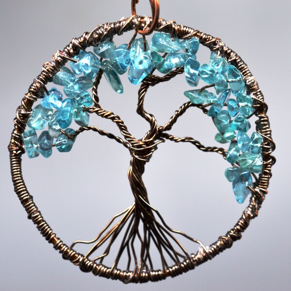 Tree of Life Pendant Necklace Wire Wrapped in Vintage Bronze with Beautiful Apatite Gemstones Your Choice in Chain Length