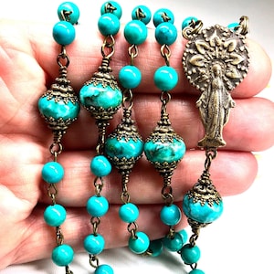 TRUE BRONZE & TURQUOISE Catholic Rosary,6mm Genuine Sinkiang Turquoise Beads,12mm Kingman Turquoise Rondelles,Immaculate Heart,Prayer Beads