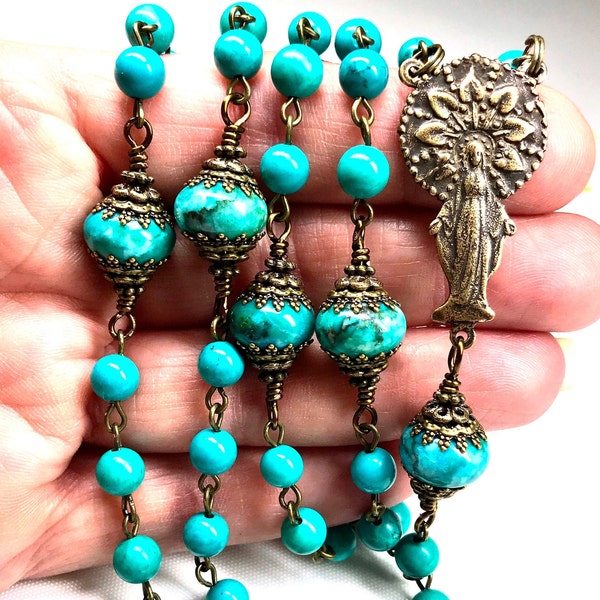 TRUE BRONZE & TURQUOISE Catholic Rosary,6mm Genuine Sinkiang Turquoise Beads,12mm Turquoise Jasper Rondelles,Immaculate Heart,Prayer Beads