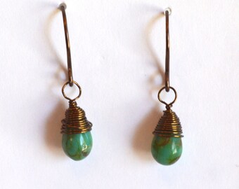 Rustic Green with Brown Picasso Glass 10mm Briolette Teardrop Earrings Wire Wrapped Vintage Bronze Handcrafted Ear Wires