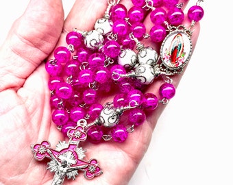 Our Lady of Guadalupe Rosary, Pink & Silver, Prayer Beads,Unique Rosari es, Catholic Gifts, Herloom Quality,