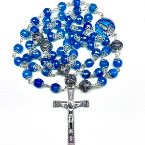 Catholic Rosary,Silver & Blue,Our Lady of Fatima Center,INRI Crucifix,Prayer Beads,Heirloom Quality,Teal Agates,