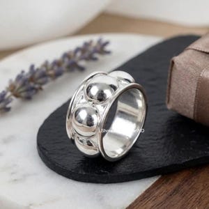 Sterling Silver Dome Spinner Ring, Chunky Beaded Band