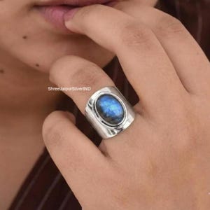 Sterling Silber Labradorit Ovalit Statement Ring - breites Band Boho Schmuck