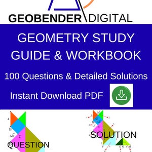 Puede incluir: Una guía de estudio y libro de ejercicios de geometría digital titulado GEOBENDER DIGITAL. La portada tiene un fondo azul con texto blanco, un logotipo geométrico y un icono de descarga verde. Incluye un problema matemático con figuras.