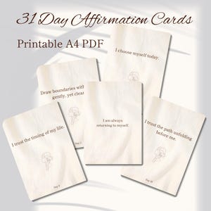 Printable Affirmation Cards 31 Days, Daily Positive Encouragement Cards, Self Love Mental Health Gift, Print at Home A4 PDF with Cut Lines