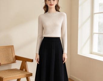 Gonna midi plissettata 100% lana / Gonna invernale calda e spessa / Vita alta con elastico in vita / Gonna a trapezio in maglia comoda / Regalo per lei