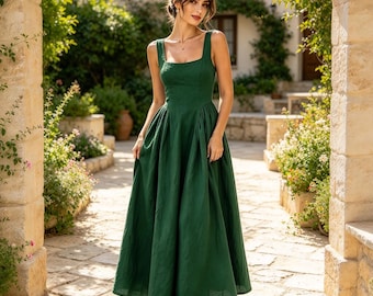 Abito autunnale in cotone e lino fatto a mano / Abito con spalline sottili / Abito midi a balze svolazzante / Abito autunnale in stile cottagecore per donna