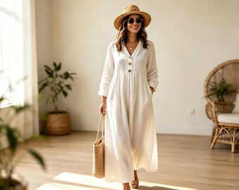 Abito autunnale da donna in cotone e lino - Abito a maniche lunghe con scollo a V - Con tasche - Vestibilità ampia