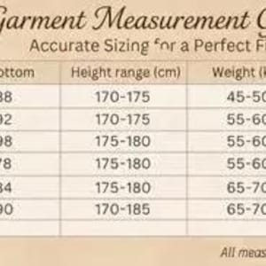 May include: A beige garment measurement guide chart with dark brown text. The table includes columns for size, numeric code, topbottom, height range in cm, weight in kg, bust in cm, waist in cm, and hip in cm. Icons for bust, waist, and hip are present.