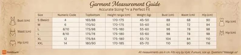 May include: A beige garment measurement guide chart with dark brown text. The table includes columns for size, numeric code, topbottom, height range in cm, weight in kg, bust in cm, waist in cm, and hip in cm. Icons for bust, waist, and hip are present.