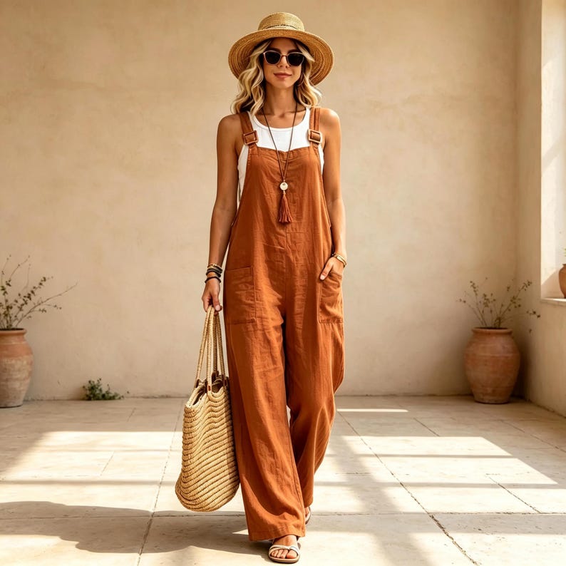 May include: A rust-colored sleeveless jumpsuit with wide legs and two front pockets, worn over a white tank top. The outfit includes a straw hat, dark sunglasses, a long pendant necklace with a tassel, a woven straw tote bag, and sandals.