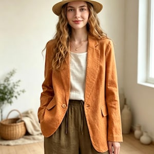 Women's Linen Cotton Relaxed Blazer – Long Sleeve Open Front Casual Jacket – Lightweight Summer Office Wear – Natural Fiber Blend Outerwear