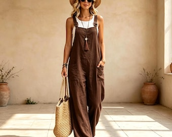 Handmade Cotton Linen Camisole Jumpsuit – Breathable Natural Fabric – With Pockets – Vintage Clasps