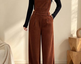 Tuta intera da donna in velluto a coste realizzata a mano – Tessuto naturale traspirante – Con tasche – Chiusura vintage