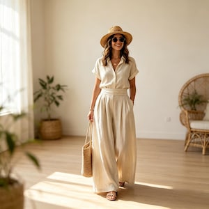 Conjunto de dos piezas de lino y algodón para verano: camisa abotonada con cuello y pantalón de pierna ancha. Conjunto de descanso transpirable de fibra natural.