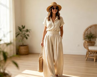 Completo estivo in lino e cotone composto da due pezzi: camicia con colletto button-down e pantaloni a gamba larga. Abbigliamento da casa traspirante in fibra naturale.