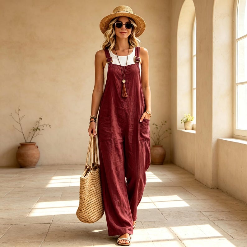 May include: A deep red linen-style jumpsuit with wide legs and side pockets, worn over a white tank top. The outfit includes a straw sun hat, dark sunglasses, a long pendant necklace with a tassel, and a woven straw tote bag held in one hand.