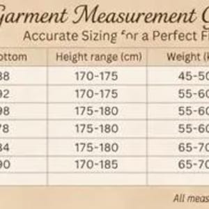 May include: A beige garment measurement guide chart with the title Garment Measurement Guide. The table includes columns for size, numeric code, topbottom, height range in cm, weight in kg, bust in cm, waist in cm, and hip in cm, with icons.