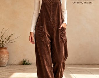 Salopette a gamba larga in velluto a coste 100% cotone, realizzata a mano – Tessuto naturale e confortevole – Con tasche – Spalline vintage regolabili
