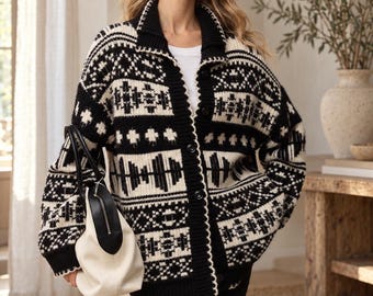 Vintage Fair Isle Cardigan | Chunky Knit Sweater |Jacquard Coat | Wool Blend Stand Collar | Winter Outerwear